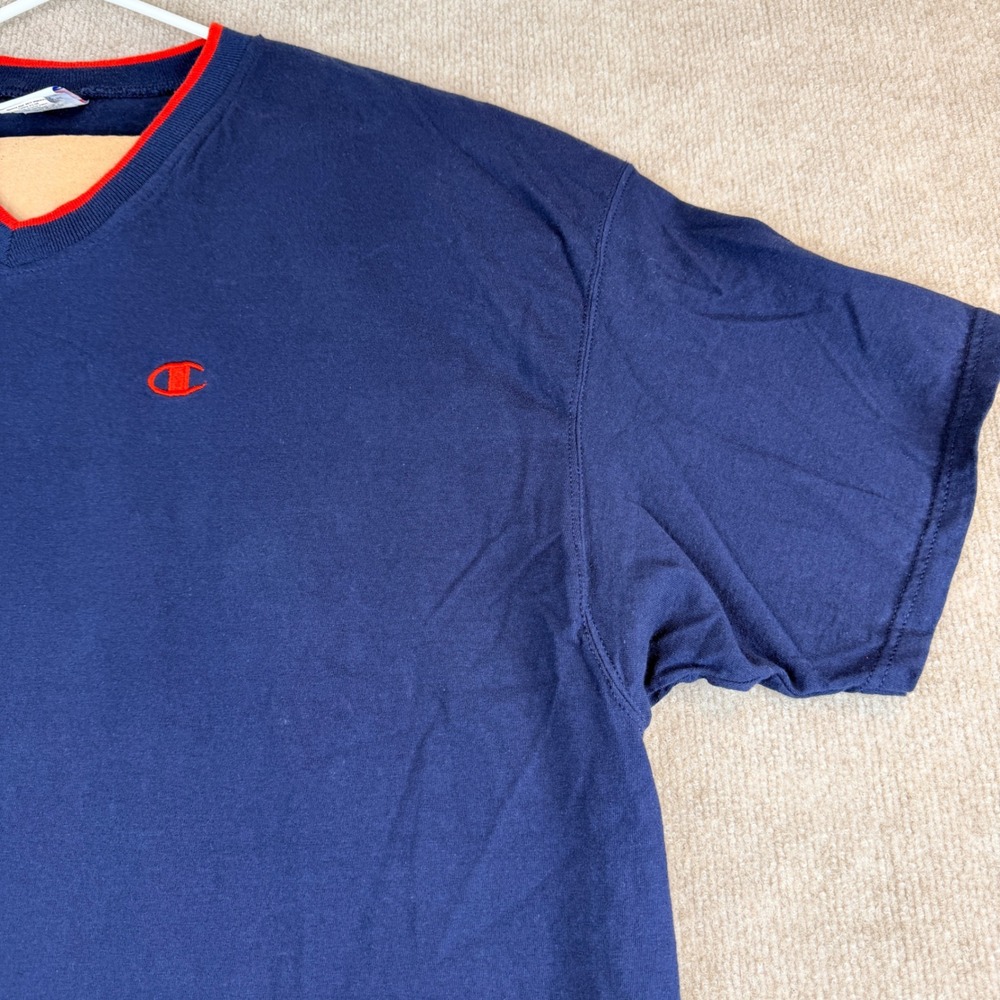 Champion Mens Navy Blue V Neck T Shirt Embroidered Logo Vintage 90s XXL - Picture 8 of 16